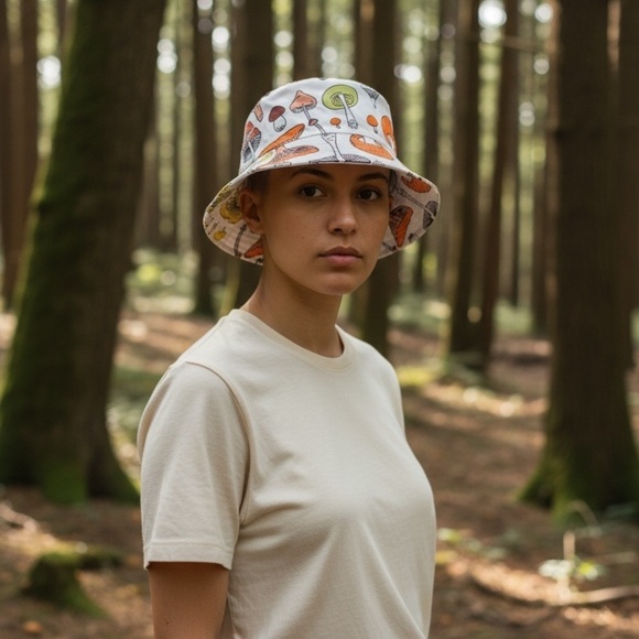Hand Crafted Accessories - Boutique Handcrafted Fungi Whimsical Large Mushroom Print Trendy Bucket Hat OSFM